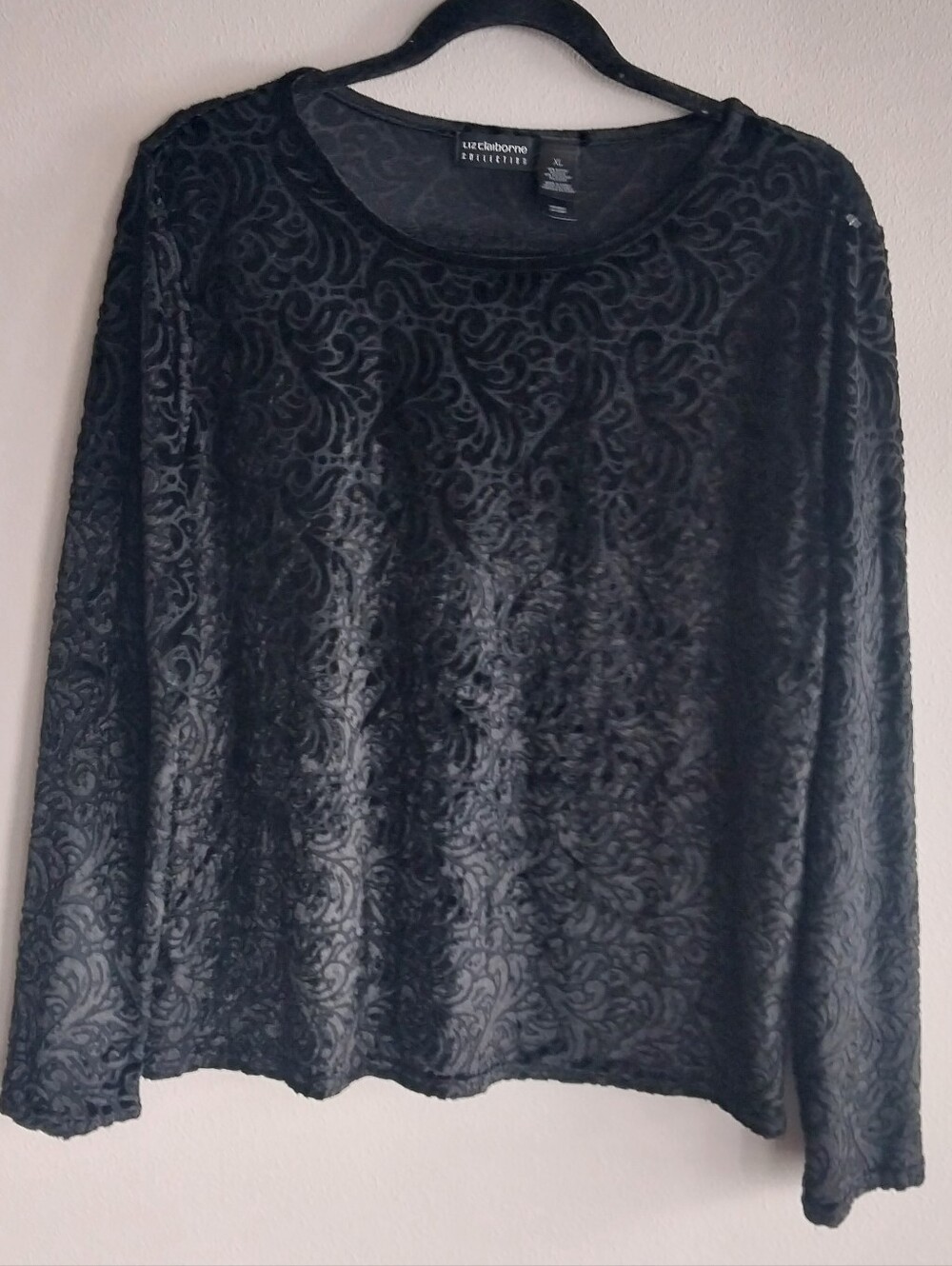 Liz Claibourne Collection Vintage Black Damask Floral Velvet Burnout Top
